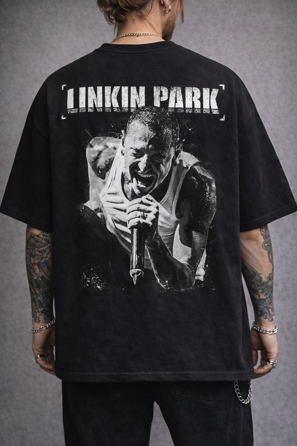Linkin Park Chester Live Print Oversized Black T-Shirt